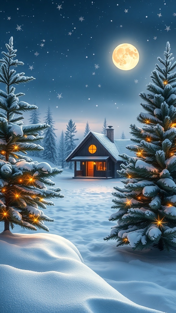 Festive Christmas Wallpaper in HD HD Christmas wallpaper with a snowy landscape, decorated tree, and cozy cabin.
